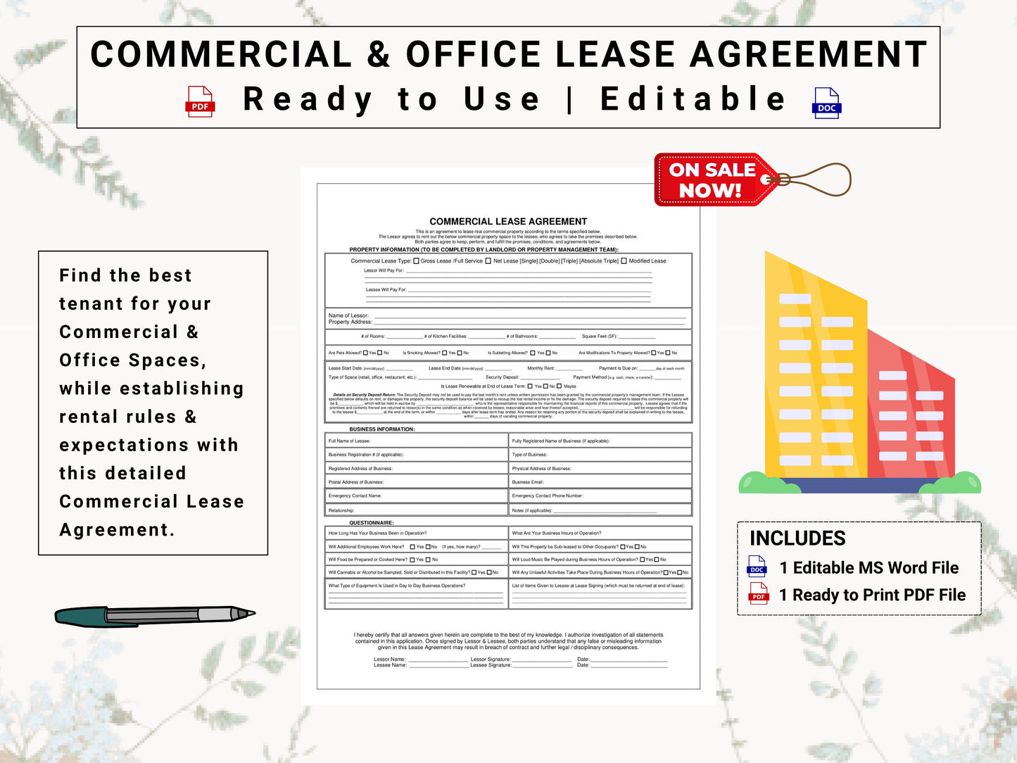Commercial Lease / Office Space Rental Contract | Establish Rules & Expectations for Short Term, Long Term Rentals of Commercial Real Estate