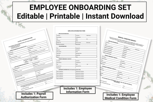 New Hire / Employee Onboarding Set | Includes Employee Information Form Employee Payroll Authorization Form & Employee Medical Condition Log