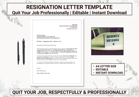 Employee Resignation Letter | Quit Your Job Professionally & Respectfully | Simply Replace All Bolded Text With Your Info | Two Week Notice