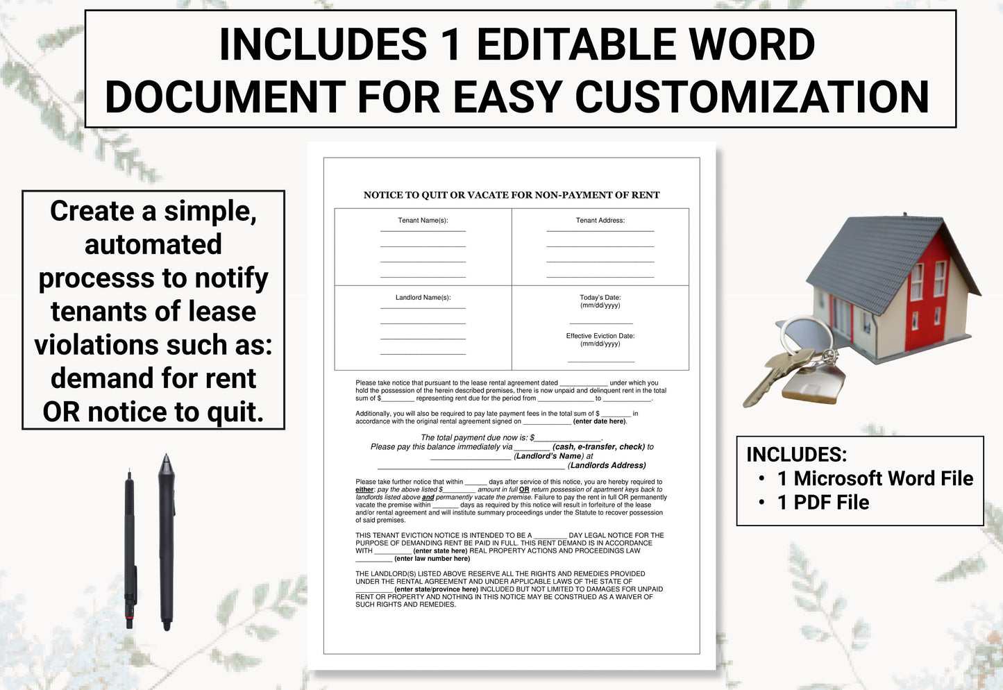 Eviction Notice / Demand for Late Rent Template | Create an Automated Process to Notify Tenants of Lease Violations / Delinquent Payments