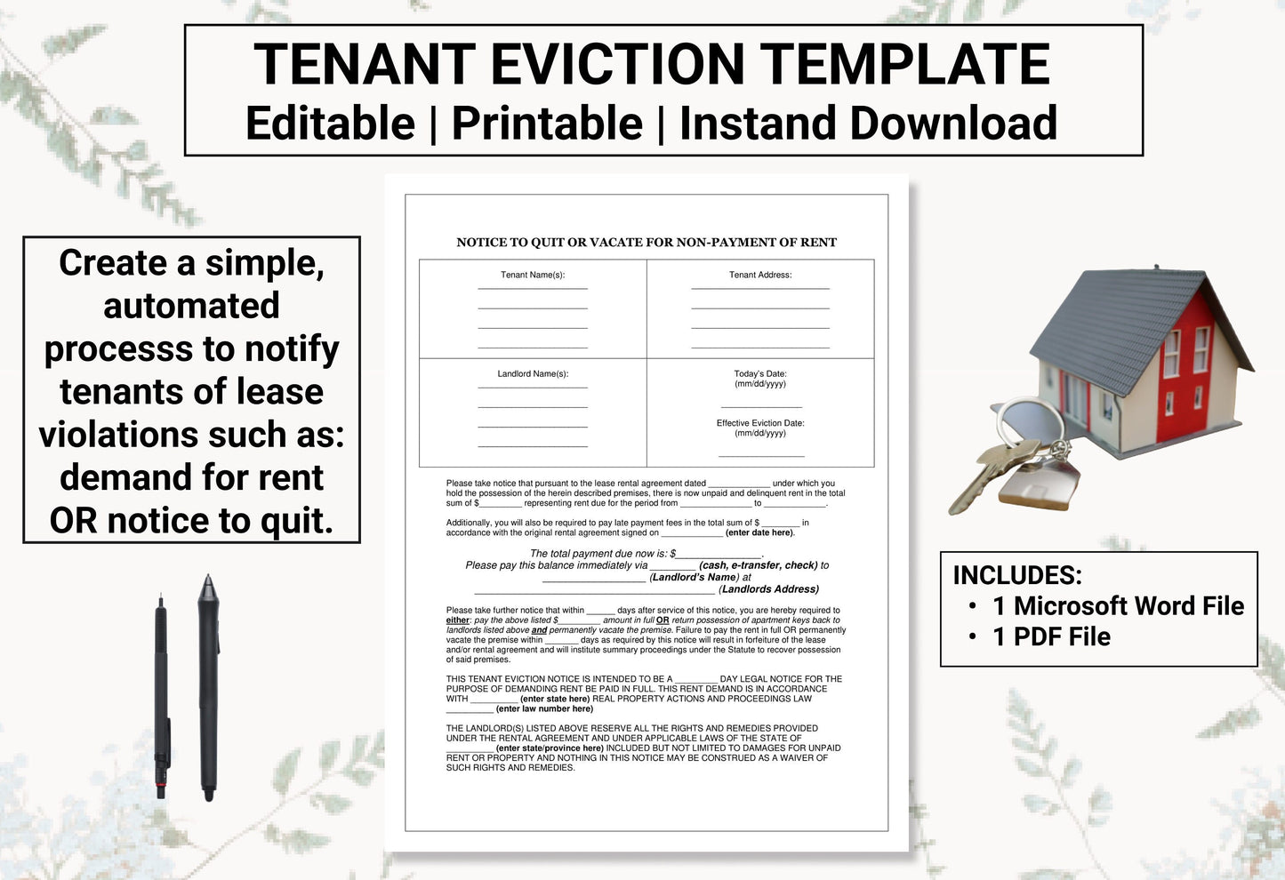 Eviction Notice / Demand for Late Rent Template | Create an Automated Process to Notify Tenants of Lease Violations / Delinquent Payments