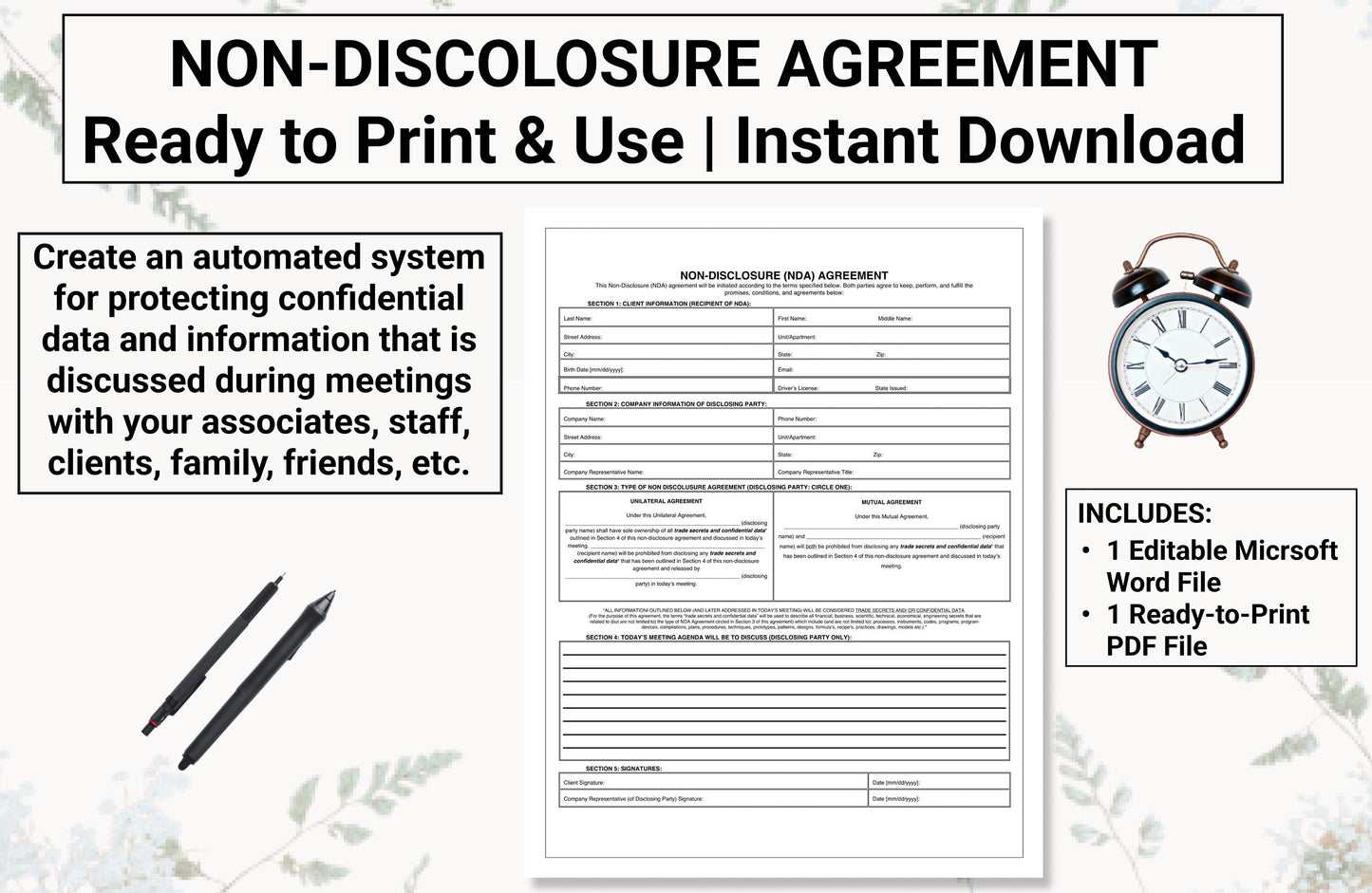 NDA | Non-Disclosure Agreement | Protect Confidential / Private Information Discussed During  Meetings With Employees, Friends, Family Etc.