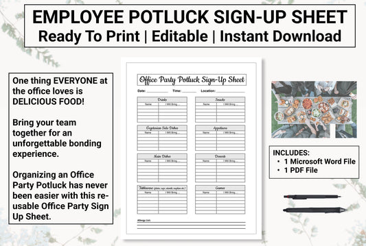 Employee Potluck / Office Party Sign Up Sheet | Increase Employee Morale / Employee Engagement by Hosting Periodic Work Potluck Events