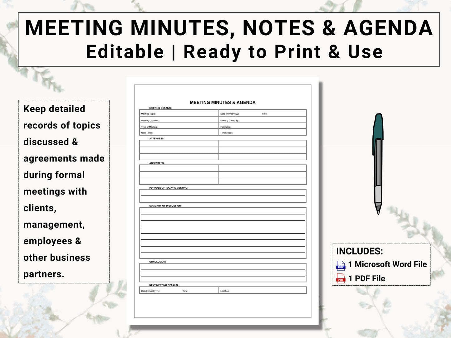 Meeting Minutes / Meeting Agenda Template | Promote Productive Dialogue With Clients, Management & Employees With This Re-usable Template