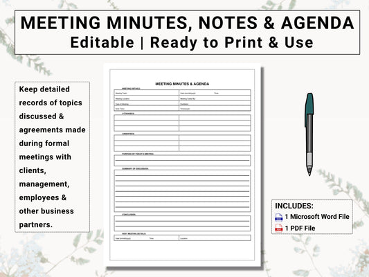 Meeting Minutes / Meeting Agenda Template | Promote Productive Dialogue With Clients, Management & Employees With This Re-usable Template