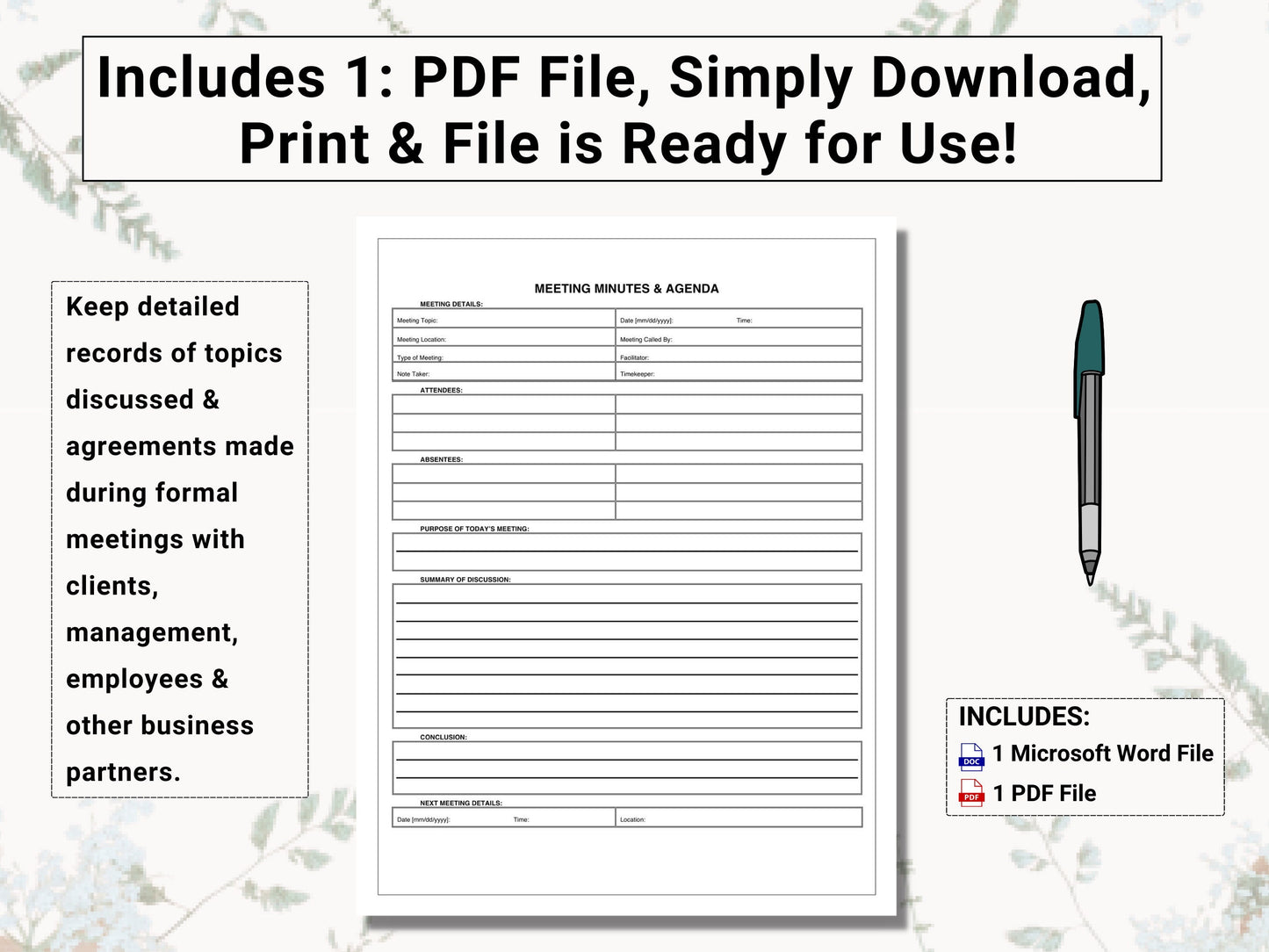 Meeting Minutes / Meeting Agenda Template | Promote Productive Dialogue With Clients, Management & Employees With This Re-usable Template