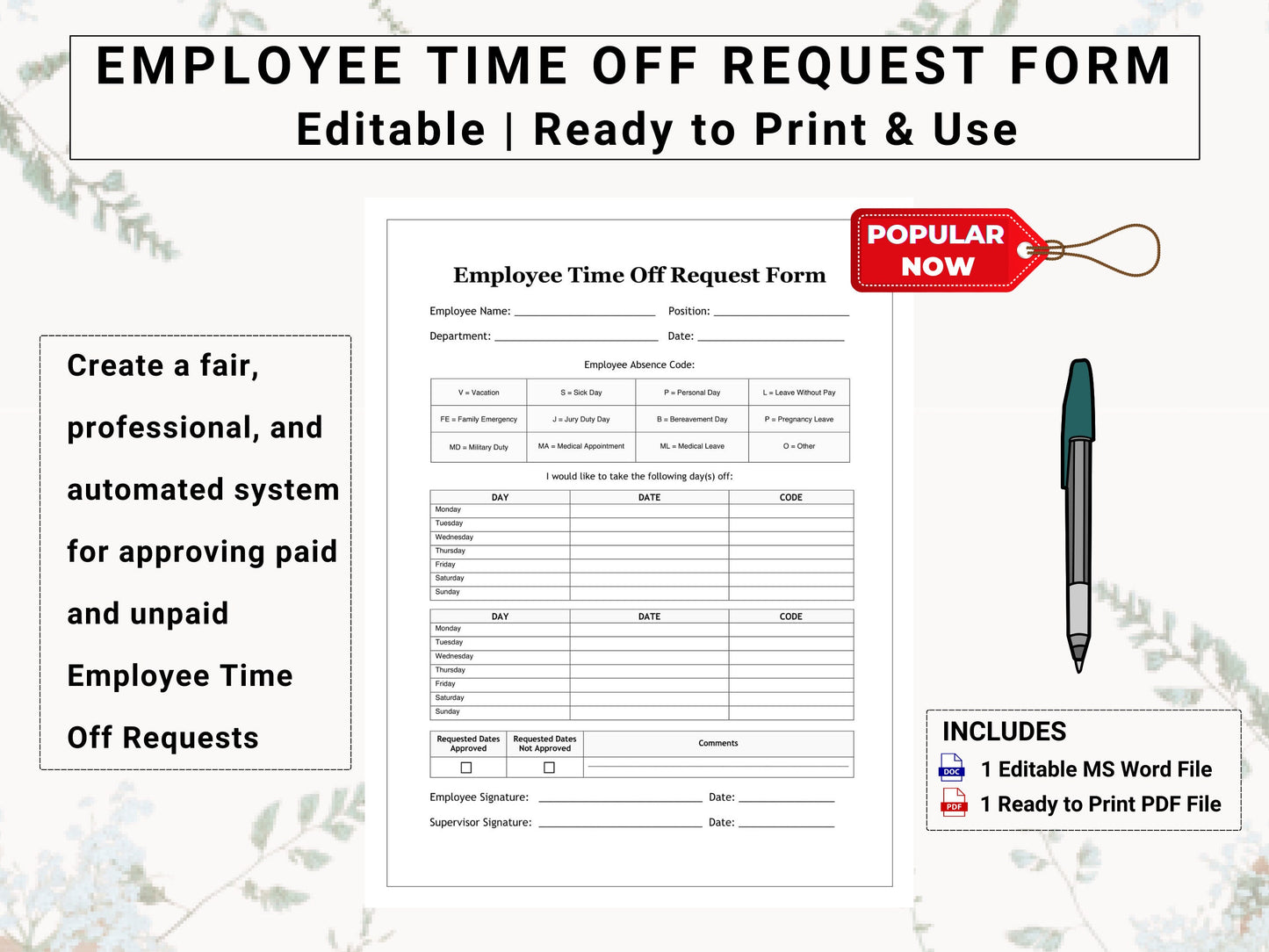 Employee Time Off Request Schedule  | Reduce Work Conflict by Creating a Fair System for Handling Paid / Unpaid Time Off for All Employees