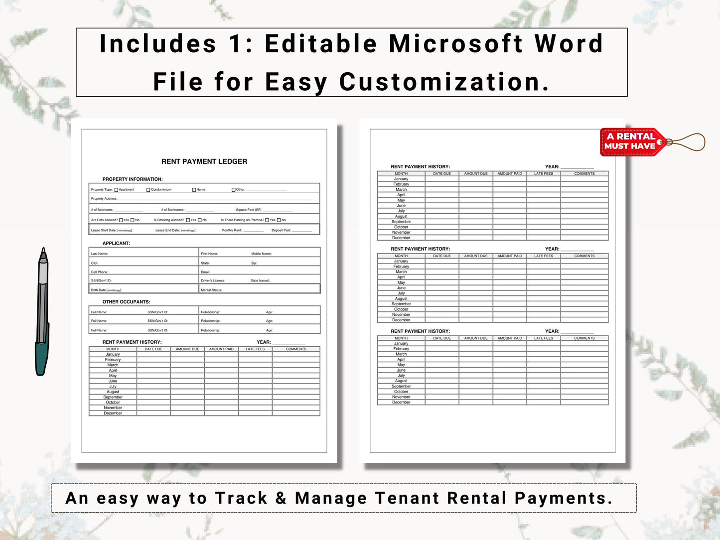 Rent Payment Ledger Bundle | Track Monthly Rental / Lease / Commercial Payments Received From Your Tenants With This Detailed Rent Tracker