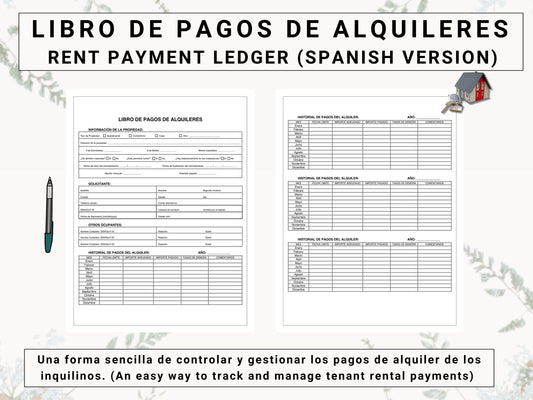 Rent Payment Ledger in Spanish | Libro de Alquileres en Español | Track Monthly Rental / Lease / Commercial Payments Received From Tenants