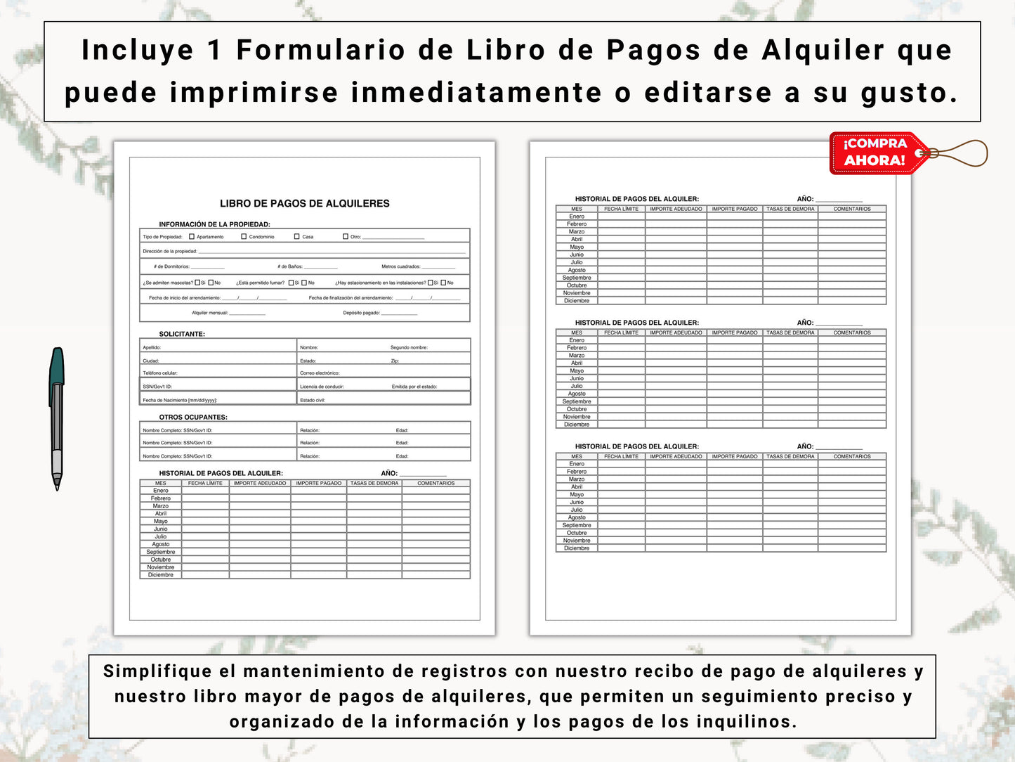 Rent Payment Ledger & Receipt in Spanish | Libro de Pagos de Alquiler y Recibo en Español | Stay Organized | Track Tenant Payments With Ease