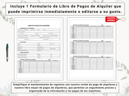 Rent Payment Ledger & Receipt in Spanish | Libro de Pagos de Alquiler y Recibo en Español | Stay Organized | Track Tenant Payments With Ease