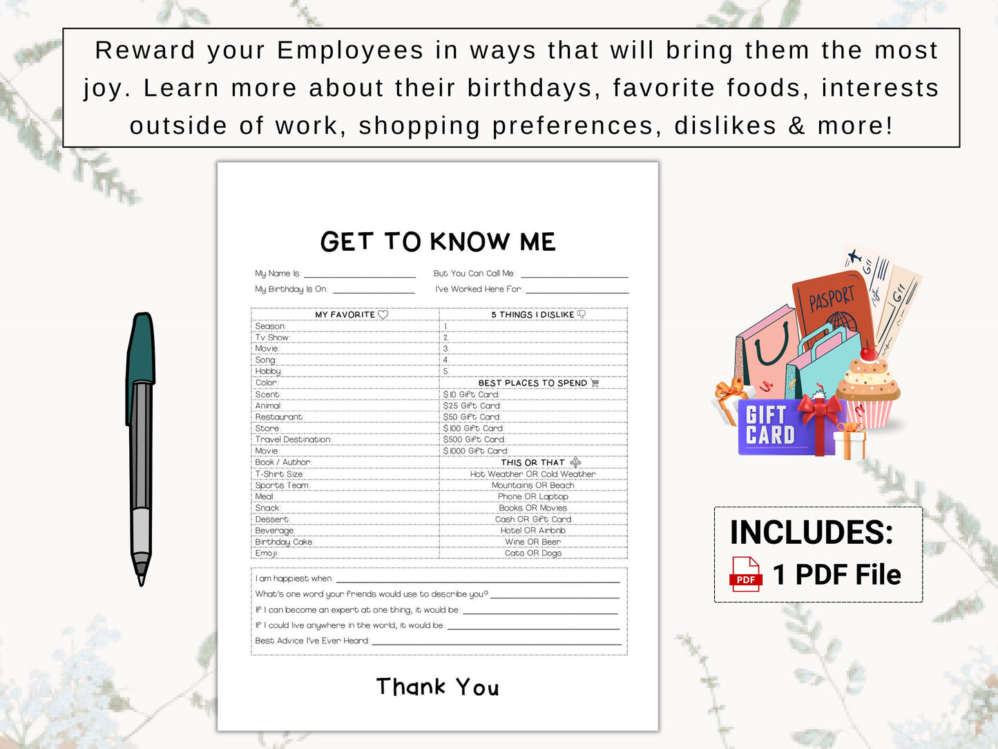 Employee "Get To Know Me" Game | Learn More About Your Employees [Birthdays, Likes, Dislikes & More] With This Fun, Icebreaker Questionnaire