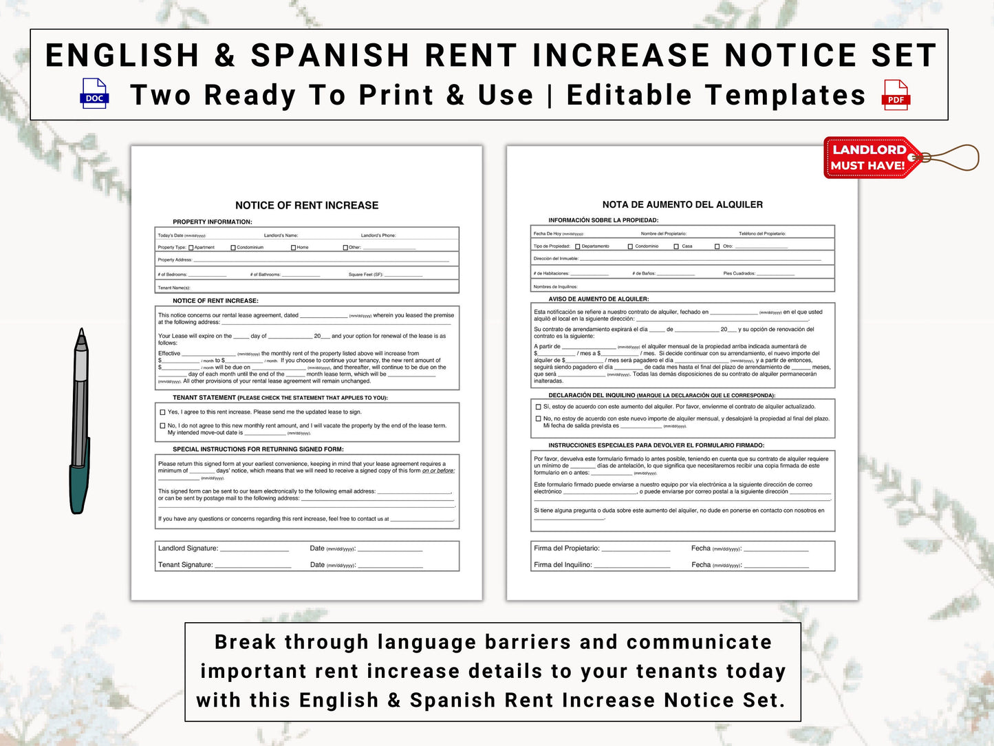 Rent Increase Notice Bundle in English & Spanish | A Landlord Must-Have | Give Your Tenants Proper Written Notice of Rent Increase Today!