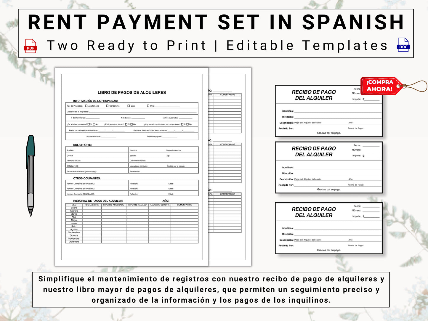 Rent Payment Ledger & Receipt in Spanish | Libro de Pagos de Alquiler y Recibo en Español | Stay Organized | Track Tenant Payments With Ease