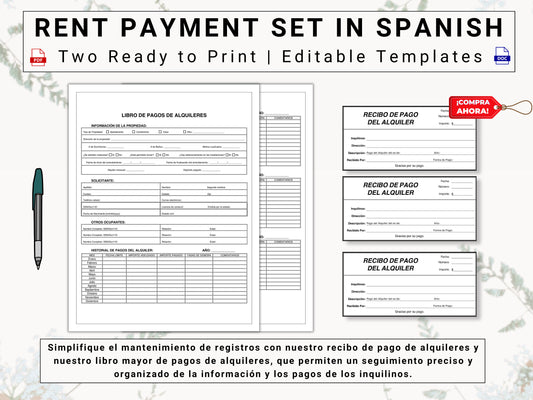 Rent Payment Ledger & Receipt in Spanish | Libro de Pagos de Alquiler y Recibo en Español | Stay Organized | Track Tenant Payments With Ease