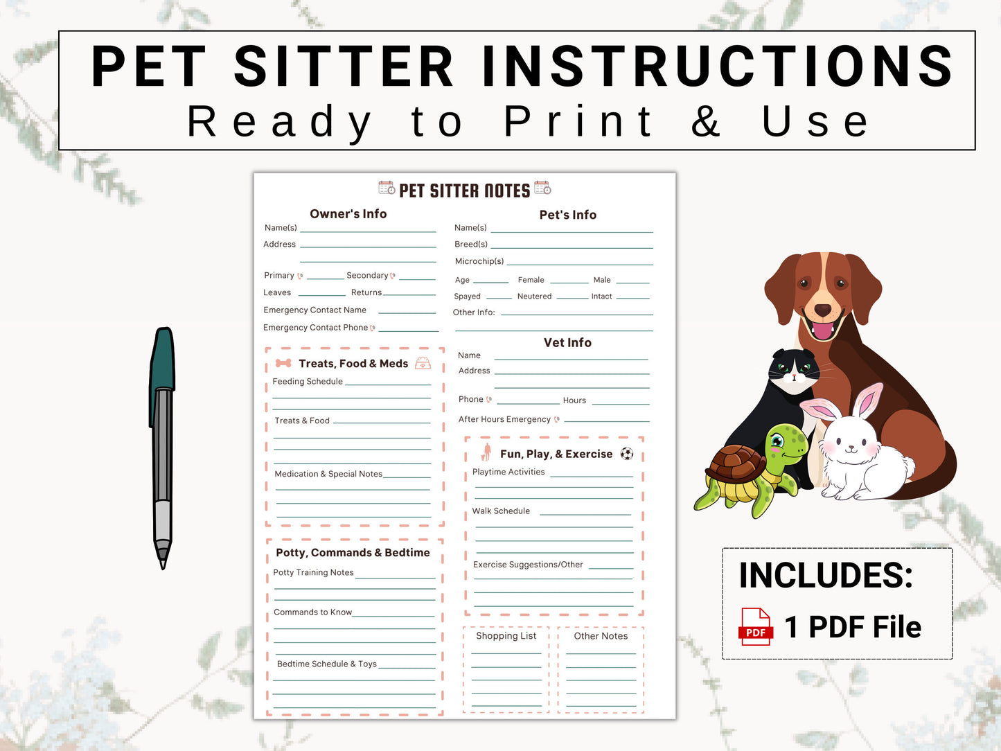 Pet Sitter Guide | Give Pet Care Providers Clear Instructions / Notes on How to Safely and Properly Care for Your Pets While You Are Away