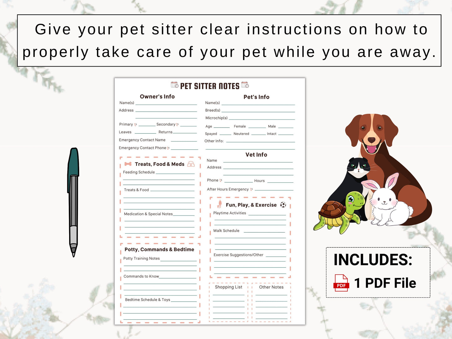 Pet Sitter Guide | Give Pet Care Providers Clear Instructions / Notes on How to Safely and Properly Care for Your Pets While You Are Away