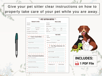 Pet Sitter Guide | Give Pet Care Providers Clear Instructions / Notes on How to Safely and Properly Care for Your Pets While You Are Away