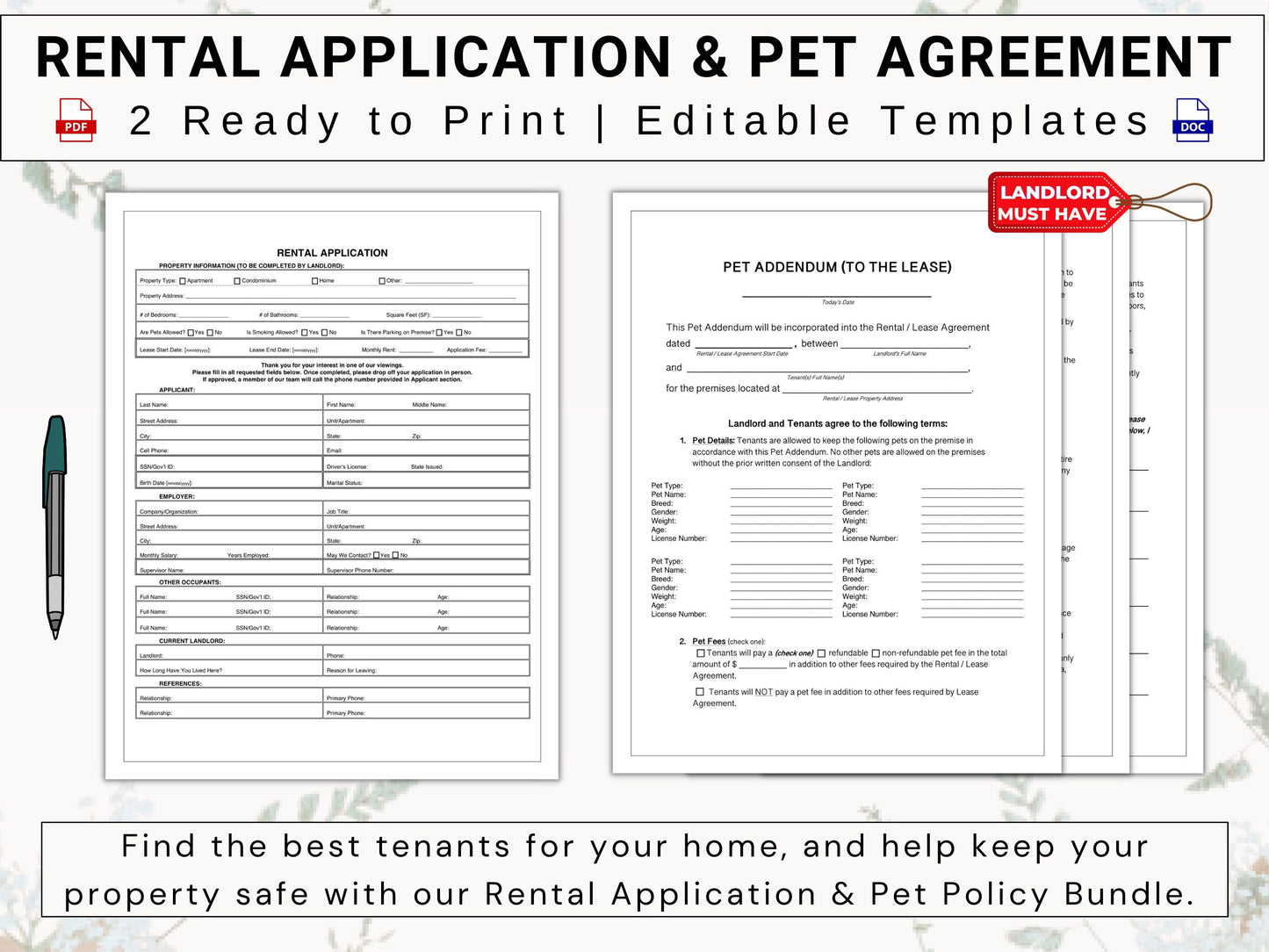 Rental / Lease Application & Pet Policy Bundle | Find The Best Tenants For Your Home | Establish Clear Pet Rules / Expectations | Re-Usable!