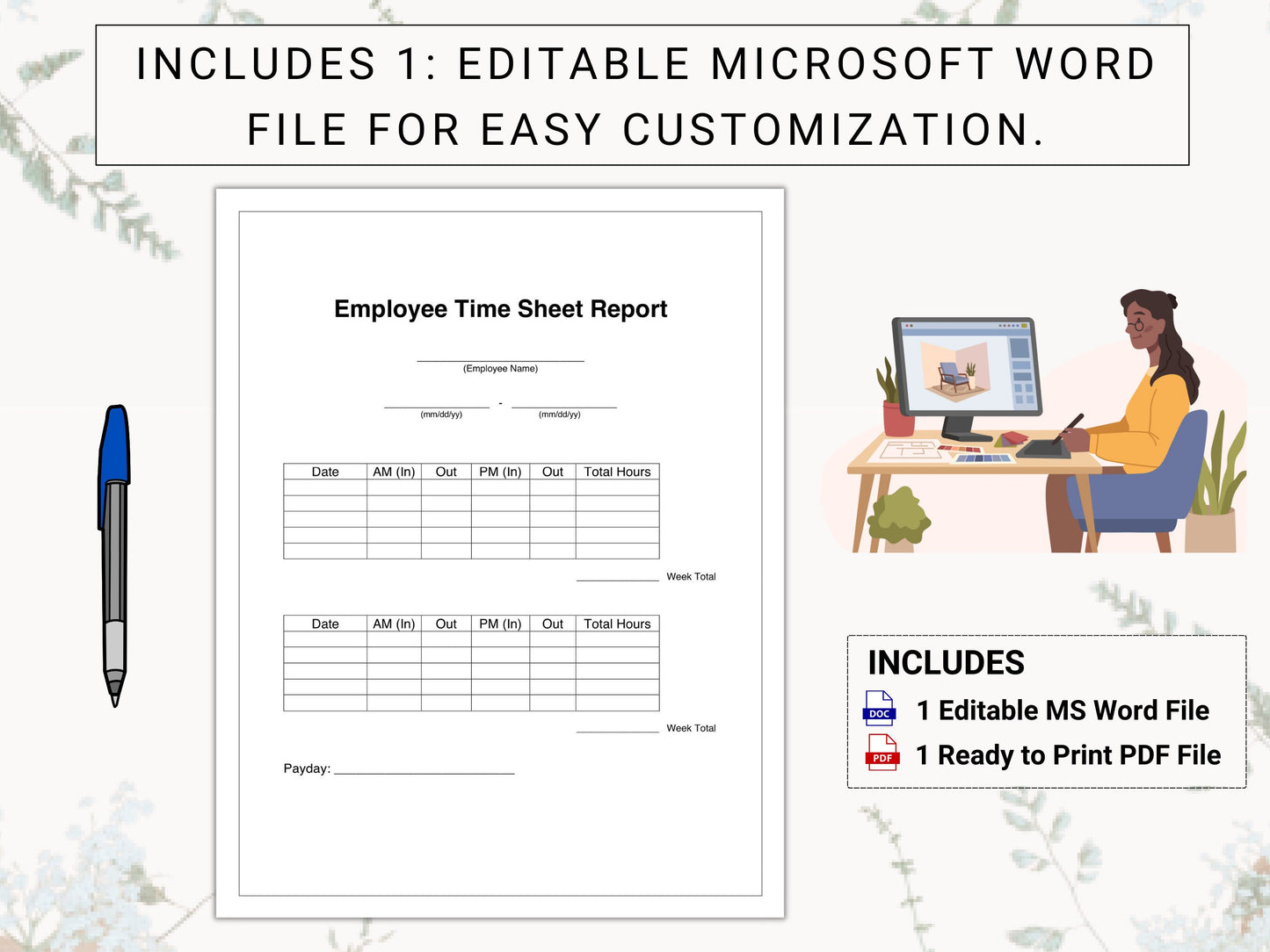 Employee Time Sheet / Time Card | Perfect for 2 Week Paydays & 5-Day Work Weeks | Easily Track Employee Attendance, Work Hours, And Paydays