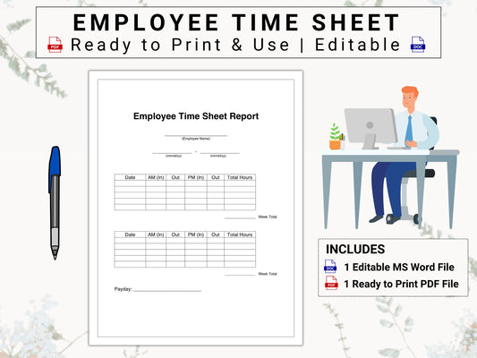 Employee Time Sheet / Time Card | Perfect for 2 Week Paydays & 5-Day Work Weeks | Easily Track Employee Attendance, Work Hours, And Paydays