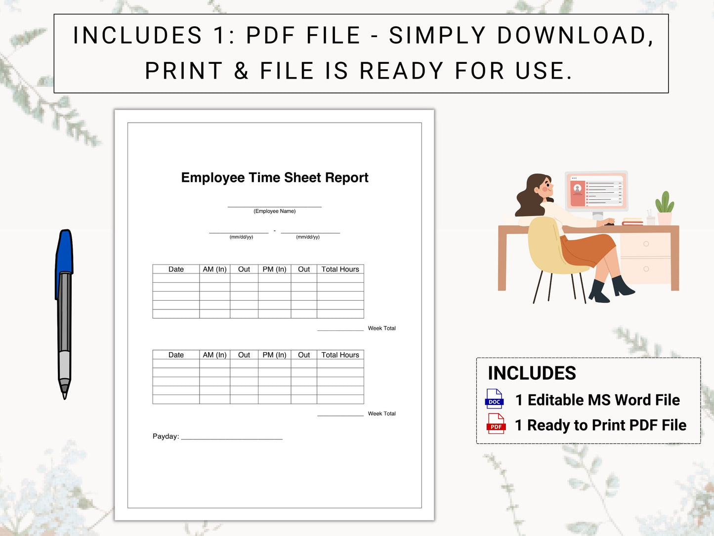 Employee Time Sheet / Time Card | Perfect for 2 Week Paydays & 5-Day Work Weeks | Easily Track Employee Attendance, Work Hours, And Paydays