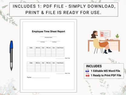 Employee Time Sheet / Time Card | Perfect for 2 Week Paydays & 5-Day Work Weeks | Easily Track Employee Attendance, Work Hours, And Paydays