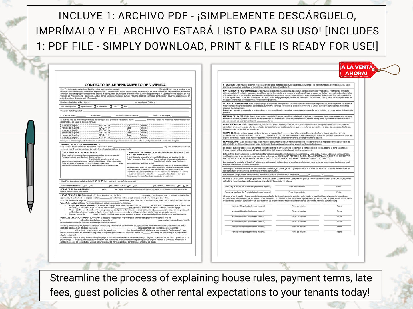 Contrato de Arrendamiento de Vivienda |  Residential Lease Agreement in Spanish | Explain Rent Payment Details, House Rules & More With Ease