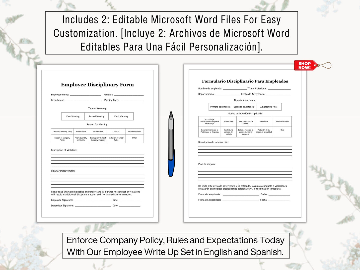 Employee Write Up Form in English & Spanish | Formulario Disciplinario Para Empleados | Enforce Company Policy, Rules and Expectations Today