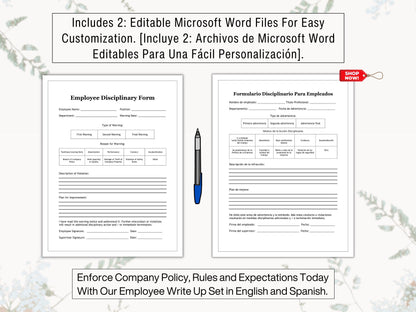 Employee Write Up Form in English & Spanish | Formulario Disciplinario Para Empleados | Enforce Company Policy, Rules and Expectations Today