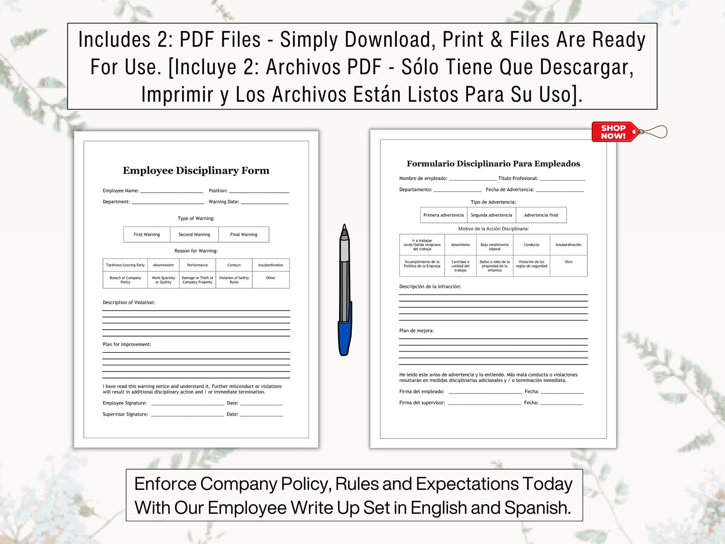 Employee Write Up Form in English & Spanish | Formulario Disciplinario Para Empleados | Enforce Company Policy, Rules and Expectations Today