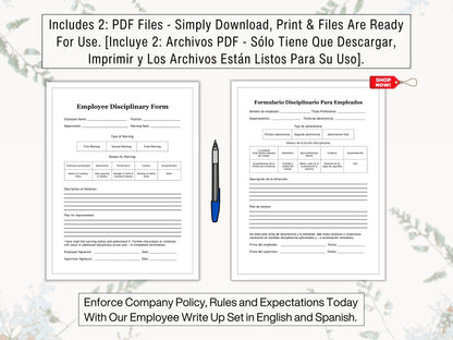 Employee Write Up Form in English & Spanish | Formulario Disciplinario Para Empleados | Enforce Company Policy, Rules and Expectations Today