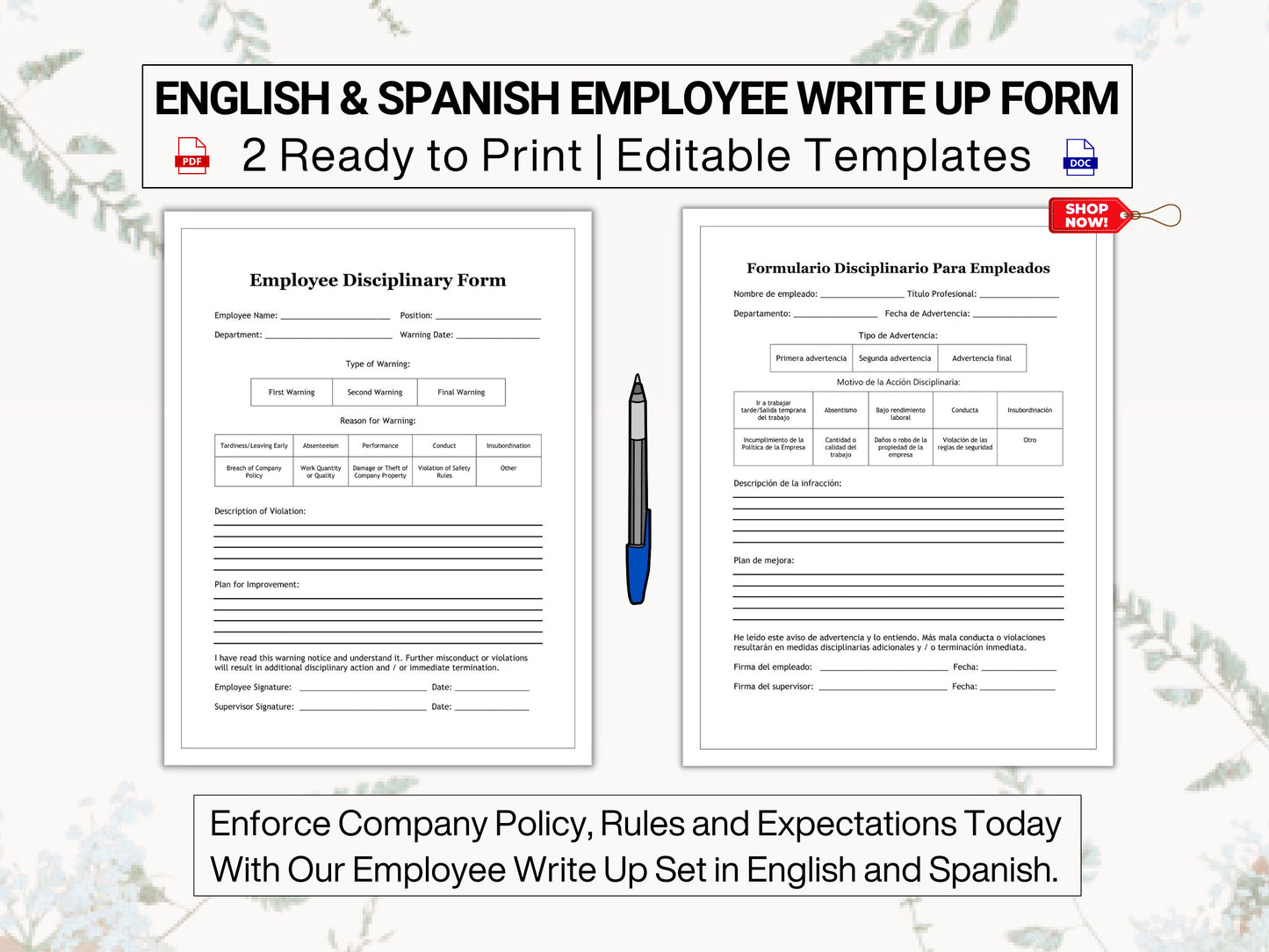 Employee Write Up Form in English & Spanish | Formulario Disciplinario Para Empleados | Enforce Company Policy, Rules and Expectations Today