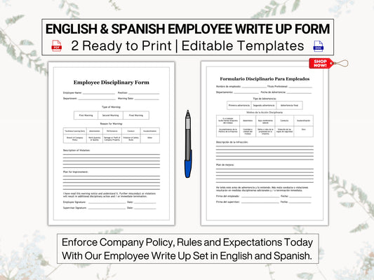 Employee Write Up Form in English & Spanish | Formulario Disciplinario Para Empleados | Enforce Company Policy, Rules and Expectations Today