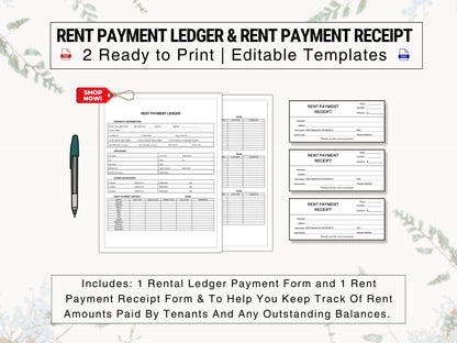 Rent Payment Ledger & Rent Payment Receipt Set | Track Monthly Rental, Lease, Commercial Payments Received From Tenants Today | Reusable