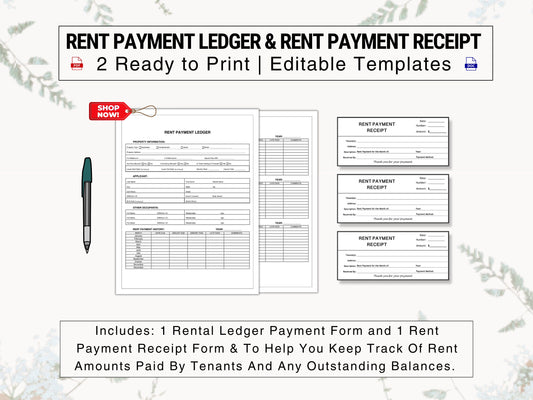 Rent Payment Ledger & Rent Payment Receipt Set | Track Monthly Rental, Lease, Commercial Payments Received From Tenants Today | Reusable