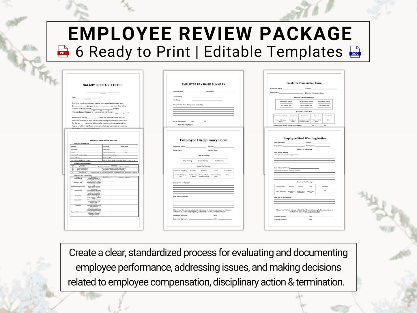 Employee Performance Evaluation Collection | Covers: Employee Reviews, Disciplinary Action, Final Warnings, Employee Raises & Terminations