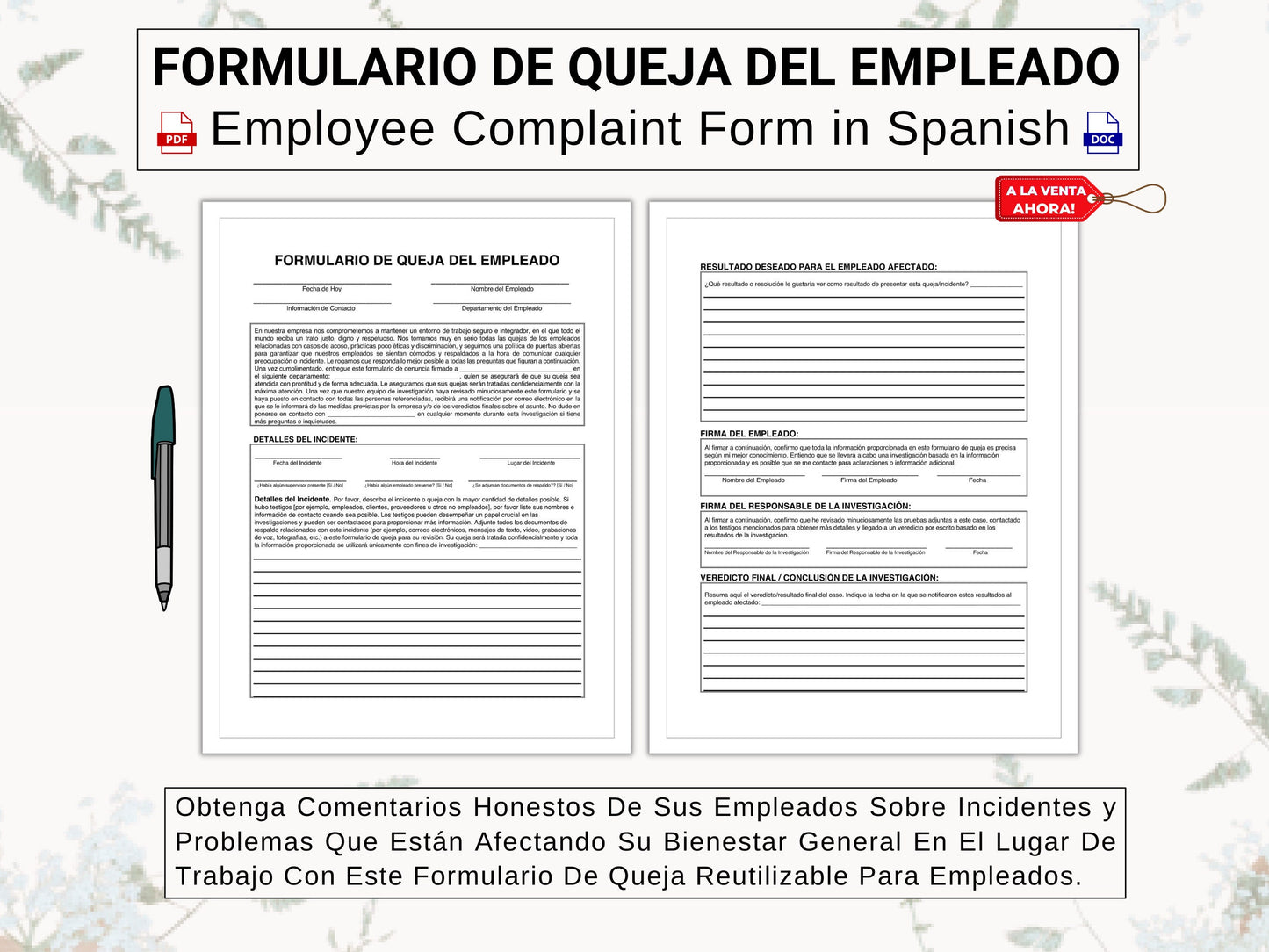 Formulario de Quejas, Incidentes y Problemas de Empleados | Employee Complaints, Incidents & Issues Form in Spanish | Give Your Team A Voice