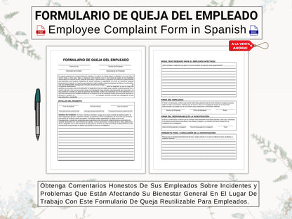 Formulario de Quejas, Incidentes y Problemas de Empleados | Employee Complaints, Incidents & Issues Form in Spanish | Give Your Team A Voice