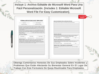 Formulario de Quejas, Incidentes y Problemas de Empleados | Employee Complaints, Incidents & Issues Form in Spanish | Give Your Team A Voice