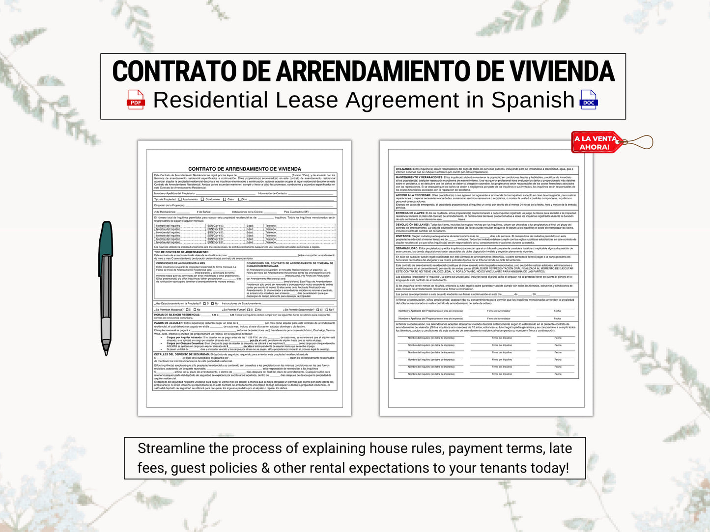 Contrato de Arrendamiento de Vivienda |  Residential Lease Agreement in Spanish | Explain Rent Payment Details, House Rules & More With Ease