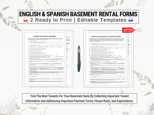 Basement Suite Rental Agreement in English & Spanish | Discuss Payment Terms, Rules, Expectations to Short / Long Term Basement Tenants