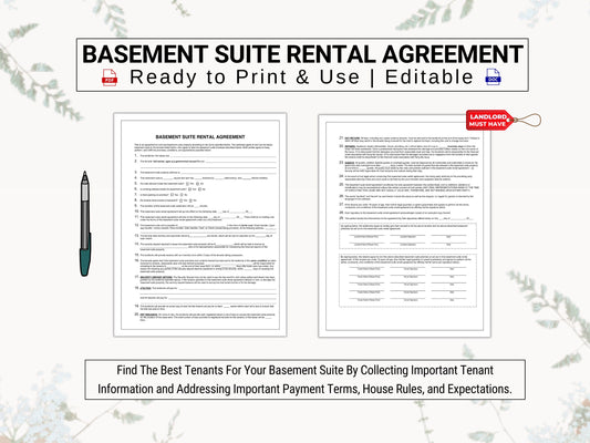 Basement Suite Rental Application / Lease Agreement | Establish Rules & Expectations for Short / Long Term Rentals | Landlord / Tenant Forms