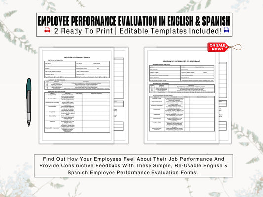 Employee Performance Review In English & Spanish | Plantilla De Evaluación Del Desempeño De Los Empleados En Inglés y Español | HR Templates