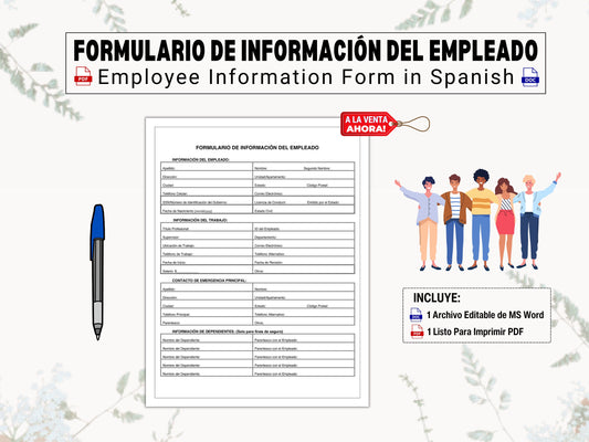 Información del Empleado y Formulario de Contacto de Emergencia | Employee Information & Emergency Contact Form In Spanish | Manager Forms